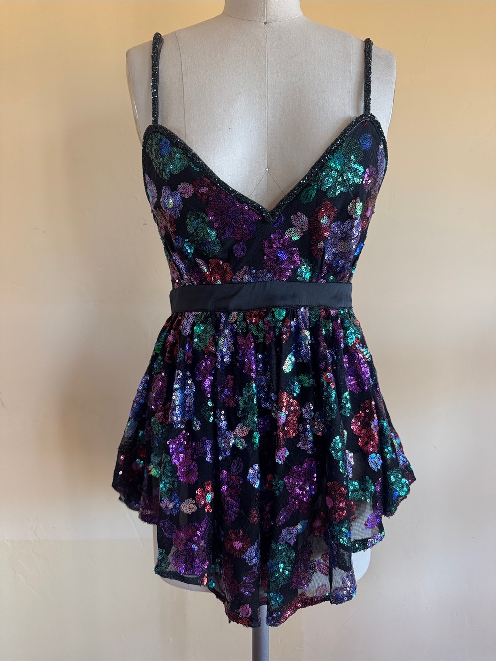 For Love & Lemons Black Multicolor Sequin Floral Chemise
